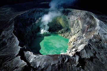 Volcanic crater with green acid lake, steaming fumaroles seen above