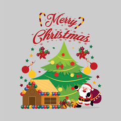 Professional Merry Christmas TShirt Design  Santa Claus and Christmas Tree Illustration