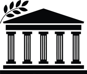 Classic ancient greek temple building with columns and olive branch silhouette