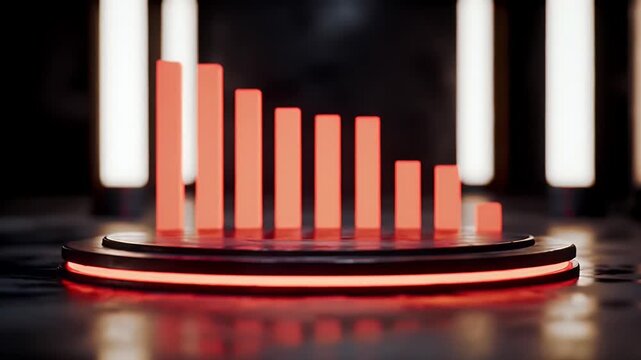Red Bar Chart On Stage with Neon Light Trim And Dark Background Finance Report Presentation Abstract 3D Rendering