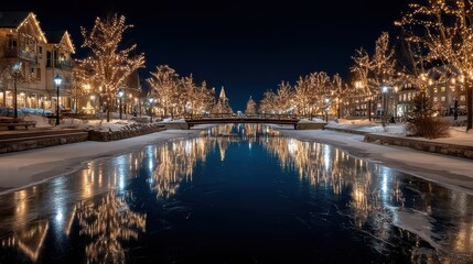 Naklejka premium Winter Village Night Lights, Holiday Season, Snowy Landscape