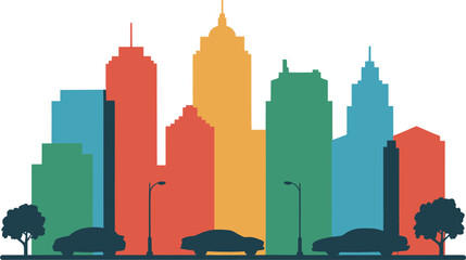 Colorful abstract cityscape with trees and cars in silhouette style