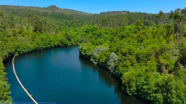Dense Tropical Forest In River Lerez Reservoir And Dam In Galicia, Spain. Aerial Pullback Shot