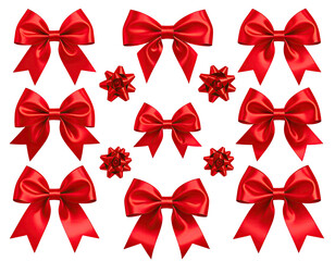 Collection of festive red satin bows and decorative embellishments for gifting and celebration.