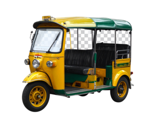 Modern Auto Rickshaw in Vibrant Yellow and Green, Street Perspective, Transparent PNG
