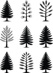 Fototapeta premium Various pine tree silhouettes in black and white seamless pattern