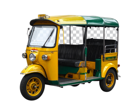Modern Auto Rickshaw in Vibrant Yellow and Green, Street Perspective, Transparent PNG