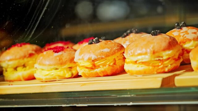 Golden cream filled doughnuts shine in bakery window inviting sweet delight