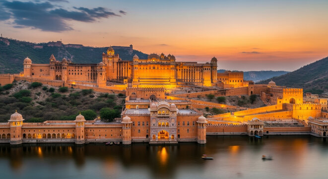 Majestic Amber Fort glows at sunset overlooking Maota Lake in Rajasthan India