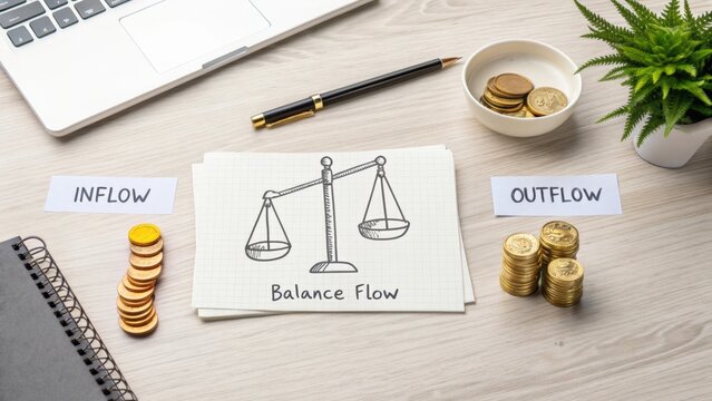 Balance Flow Concept on Clean Desk with Scale and Coins