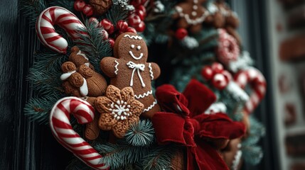 Naklejka premium Christmas Wreath Cookies, Candy Cane, Holiday Decoration