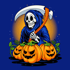 Grim reaper with pumpkin cartoon
