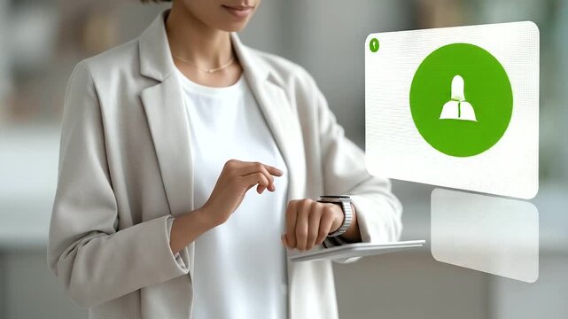 female patient wearing smartwatch streaming heart rate to therapist&rsquo;s tablet real time monitoring gentle buzz of device connected self care three quarter wide angle cinematic