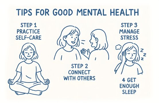 Infographic: tips for good mental health — self-care, social connection, stress management, and sleep for emotional wellbeing and balance