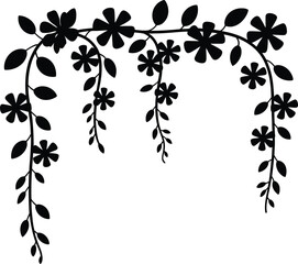 Delicate floral garland with small flowers and leaves in a charming silhouette style