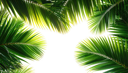 Obraz premium Lush green palm fronds illuminated by bright sunlight creating a natural frame.
