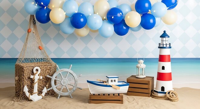 Nautical themed decoration with boat lighthouse anchor and balloons for baby shower