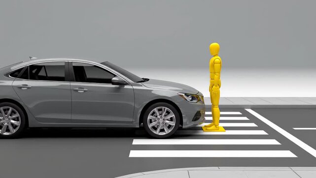 Side view of a silver sedan hitting a yellow pedestrian dummy on a crosswalk. Conceptual 3D animation of a traffic accident and road safety