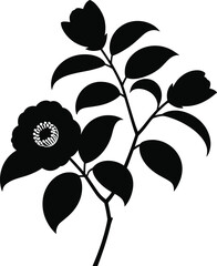 Elegant black silhouette of a blooming camellia flower branch with leaves