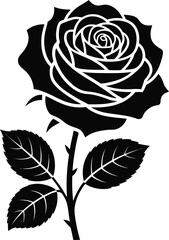 Elegant black rose silhouette with stem and leaves on white background silhouette