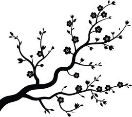 Elegant black silhouette of a blooming cherry blossom tree branch with delicate flowers2