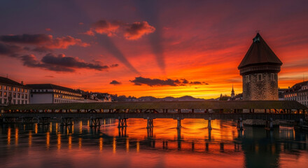 Fototapeta premium Stunning sunset over Kapellbrücke and Water Tower Lucerne Switzerland
