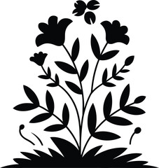 Elegant black silhouette of a blooming floral arrangement with delicate leaves and small flowers