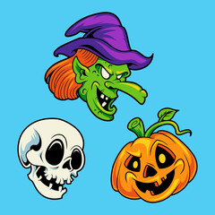 Pumpkin skull and witch head cartoon Halloween