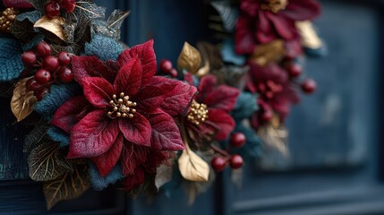 Holiday Wreath: Red Poinsettia, Christmas Decor, Festive Flowers