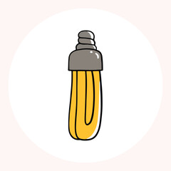 Bright yellow light bulb with rays shining, symbolizing ideas and creativity in a minimalist style. Light bulb doodle hand drawn icon. Outline Color drawing shining light bulb line clipart symbol.