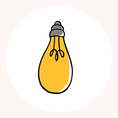 Bright yellow light bulb with rays shining, symbolizing ideas and creativity in a minimalist style. Light bulb doodle hand drawn icon. Outline Color drawing shining light bulb line clipart symbol.