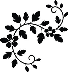 Elegant black silhouette of a delicate floral vine with swirling branches and leaves