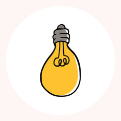 Bright yellow light bulb with rays shining, symbolizing ideas and creativity in a minimalist style. Light bulb doodle hand drawn icon. Outline Color drawing shining light bulb line clipart symbol.