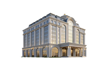 Fototapeta premium Elegant neoclassical commercial building with arched windows, ornate facade, and dramatic evening lighting, isolated on a transparent background