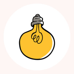 Bright yellow light bulb with rays shining, symbolizing ideas and creativity in a minimalist style. Light bulb doodle hand drawn icon. Outline Color drawing shining light bulb line clipart symbol.
