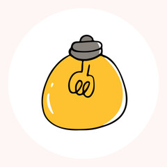 Bright yellow light bulb with rays shining, symbolizing ideas and creativity in a minimalist style. Light bulb doodle hand drawn icon. Outline Color drawing shining light bulb line clipart symbol.