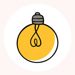 Bright yellow light bulb with rays shining, symbolizing ideas and creativity in a minimalist style. Light bulb doodle hand drawn icon. Outline Color drawing shining light bulb line clipart symbol.