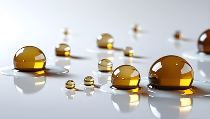 Golden liquid droplets on a smooth white surface,