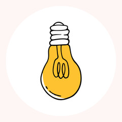 Bright yellow light bulb with rays shining, symbolizing ideas and creativity in a minimalist style. Light bulb doodle hand drawn icon. Outline Color drawing shining light bulb line clipart symbol.