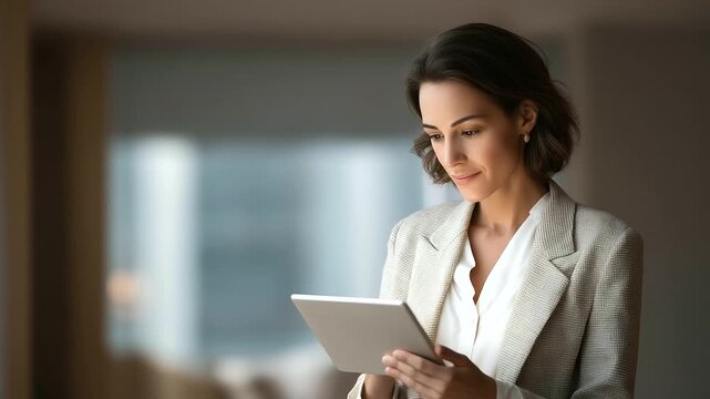 female therapist using AI powered mental health dashboard to review client&rsquo;s mood patterns on glowing tablet soft hum of office calm digital care three quarter wide angle