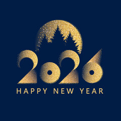 Happy New 2026 Year minimal text design with fir tree isolated on blue. Banner, poster, header and card template.