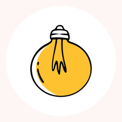 Bright yellow light bulb with rays shining, symbolizing ideas and creativity in a minimalist style. Light bulb doodle hand drawn icon. Outline Color drawing shining light bulb line clipart symbol.