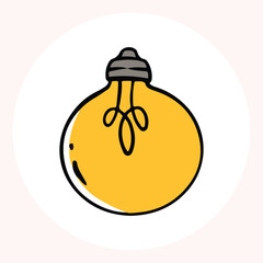 Bright yellow light bulb with rays shining, symbolizing ideas and creativity in a minimalist style. Light bulb doodle hand drawn icon. Outline Color drawing shining light bulb line clipart symbol.