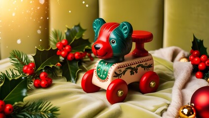 festive wooden toy bear on a red rocker, surrounded by holly leaves, red berries, and Christmas decorations.