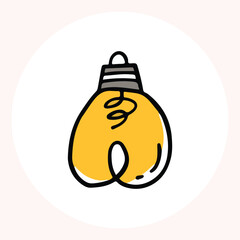 Bright yellow light bulb with rays shining, symbolizing ideas and creativity in a minimalist style. Light bulb doodle hand drawn icon. Outline Color drawing shining light bulb line clipart symbol.