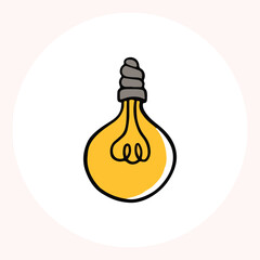 Bright yellow light bulb with rays shining, symbolizing ideas and creativity in a minimalist style. Light bulb doodle hand drawn icon. Outline Color drawing shining light bulb line clipart symbol.