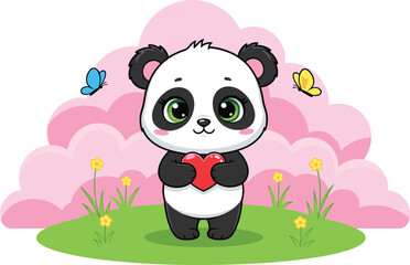 Cute baby panda holding red heart, cartoon animal illustration, adorable love scene with butterflies, pink background, romantic and playful art