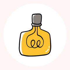 Bright yellow light bulb with rays shining, symbolizing ideas and creativity in a minimalist style. Light bulb doodle hand drawn icon. Outline Color drawing shining light bulb line clipart symbol.