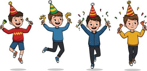 Group of happy boys celebrating birthday party with colorful hats and confetti, cheerful kids cartoon illustration for festive celebration joy