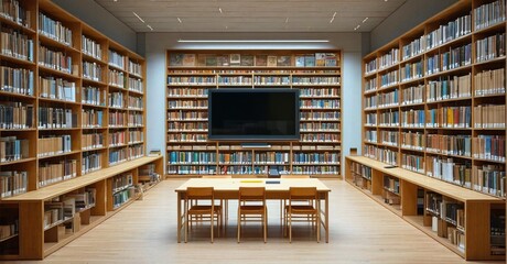 Obraz premium Large frameless television off library corridor with study desks and chairs
